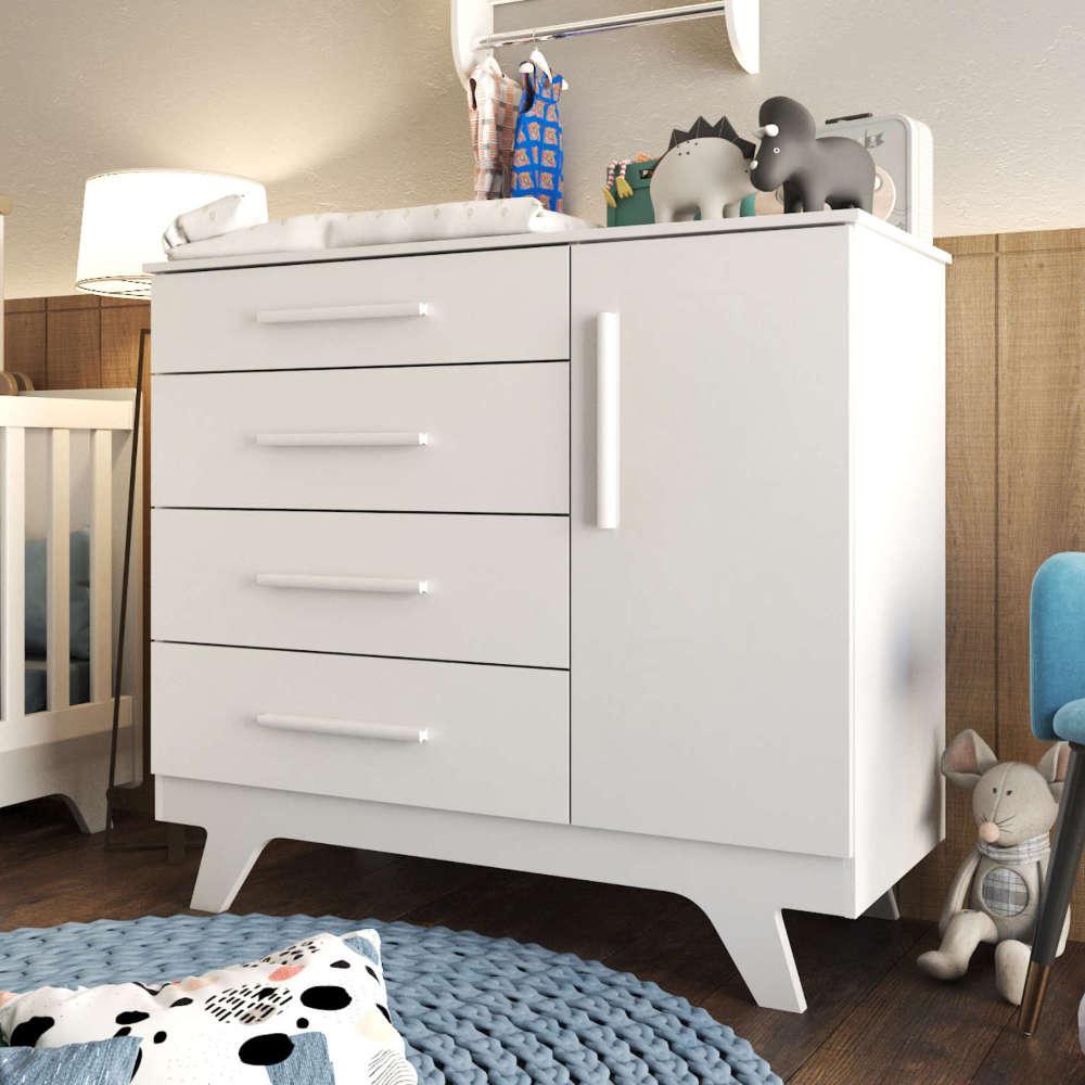 Cômoda Infantil 1 Porta 4 Gavetas 100% Mdf Retrô Móveis Peroba Branco Brilho