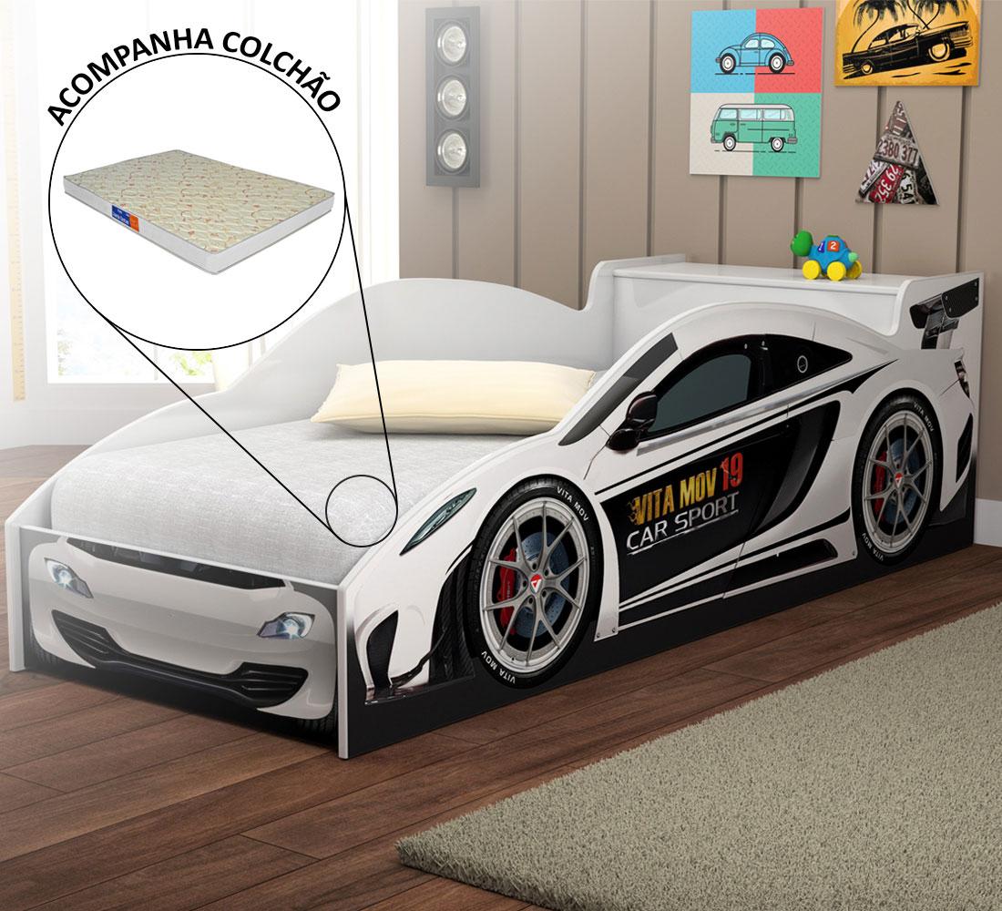 Cama Quarto Carro Solteiro Baú C/ Colchao Grade De Proteção Branco