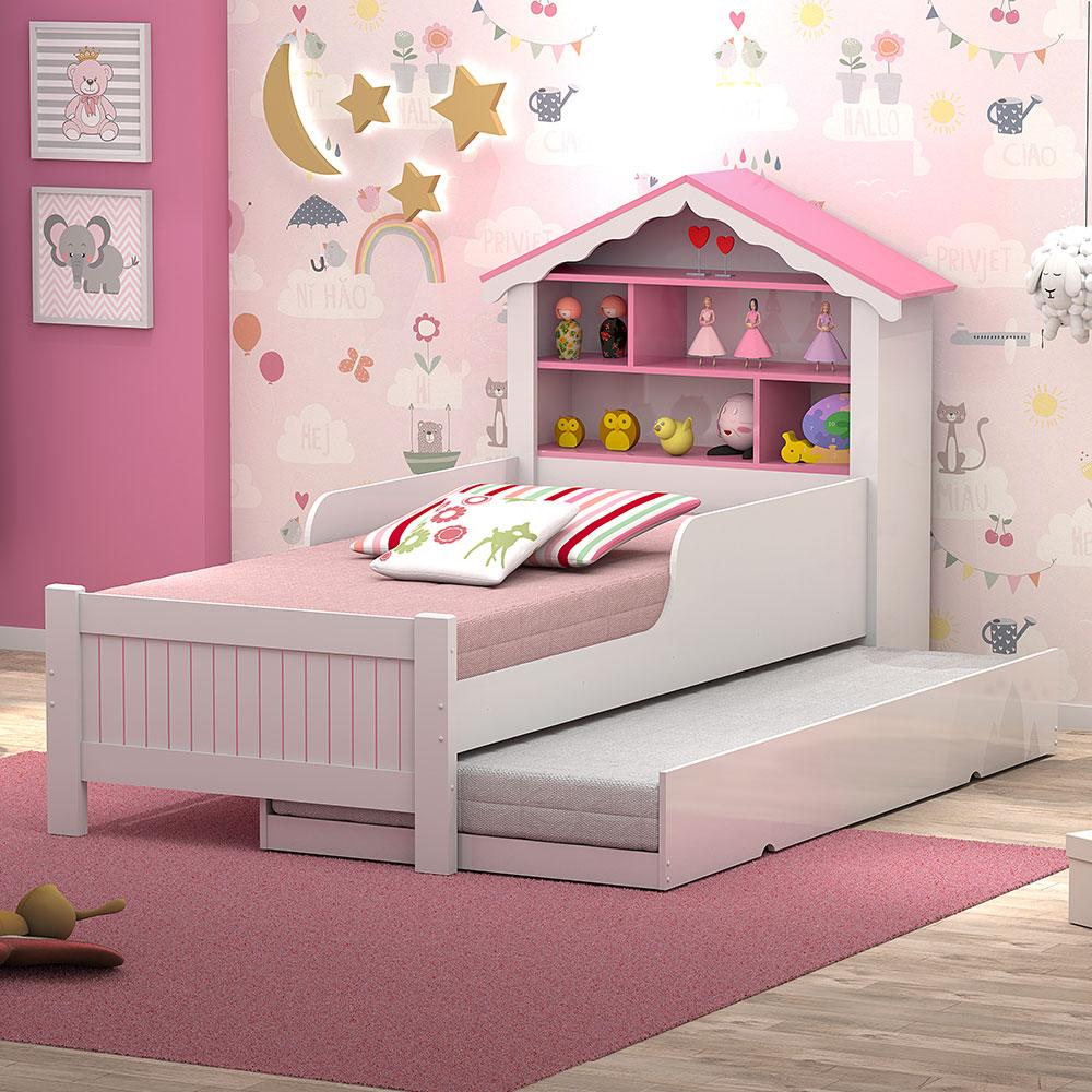 Cama Quarto Solteiro Casa Princesa C/ Estante E Aux. Branco/rosa