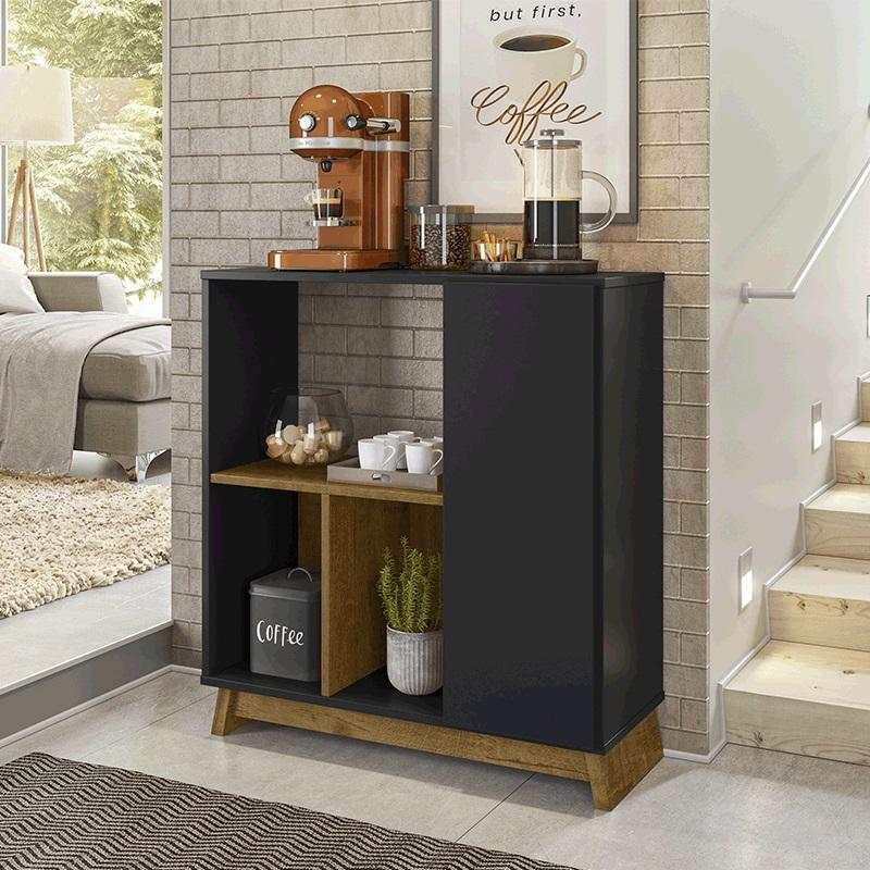 Aparador Buffet Sala Monet 1 Porta Com Prateleiras Preto Fosco/madero Canela