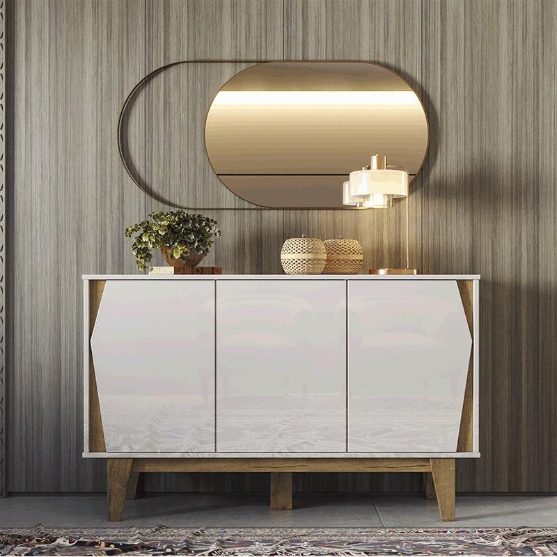 Aparador Buffet Sala California 3 Portas Off White/madero Canela