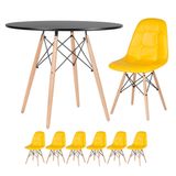 KIT - Mesa Eames 90 cm preto + 6 cadeiras estofadas Eames Eiffel Botonê - Amarelo