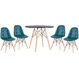 KIT - Mesa Eames Eiffel 90 cm preto + 4 cadeiras estofadas Botonê turquesa