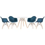 Kit - Mesa Eames 70 cm branco + 4 cadeiras Eiffel DAW com braços azul petróleo