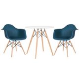 Kit - Mesa Eames 70 cm branco + 2 cadeiras Eiffel Daw com braços azul petróleo