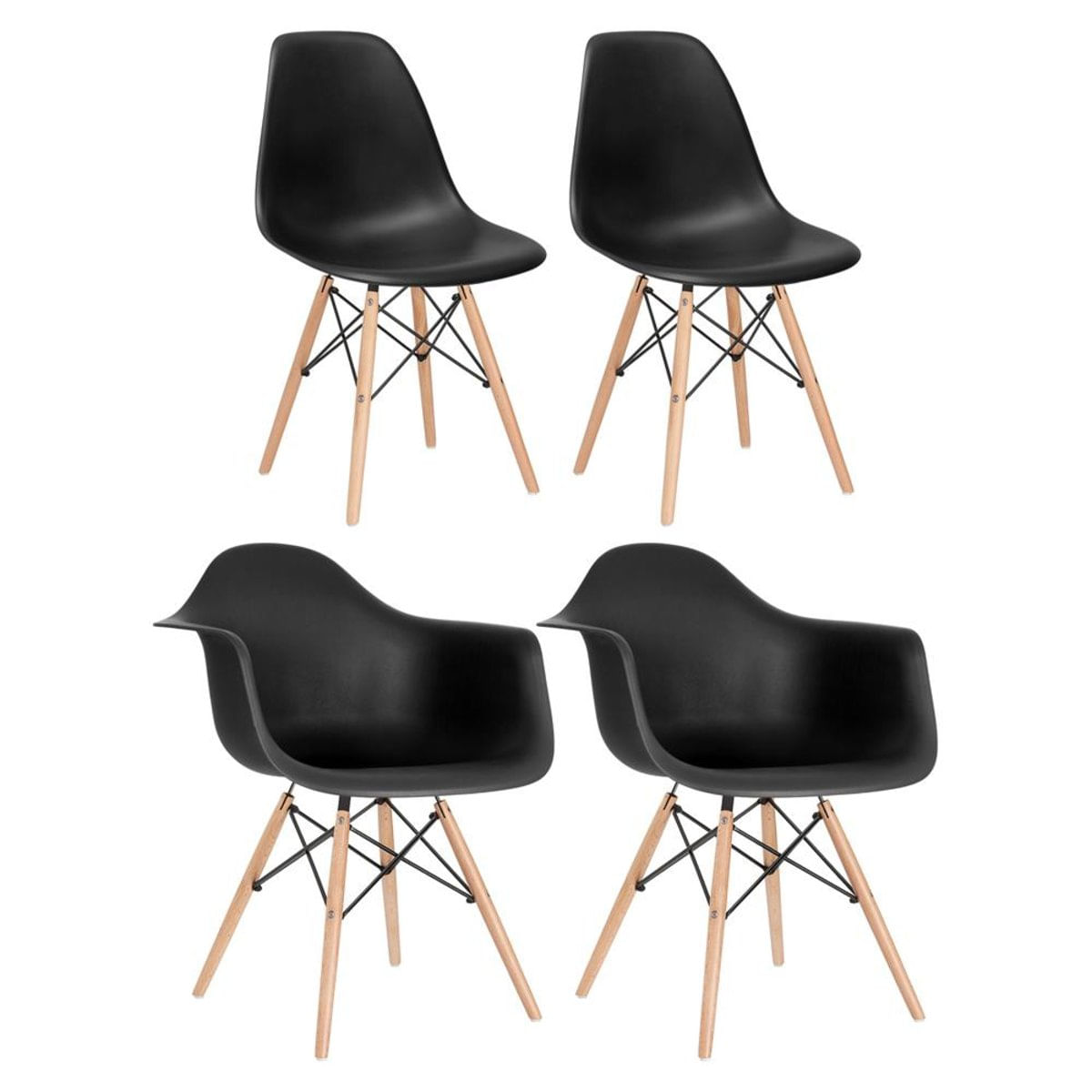 Conjunto 2 x cadeiras Eames DAW com braços + 2 cadeiras Eiffel DSW - Preto