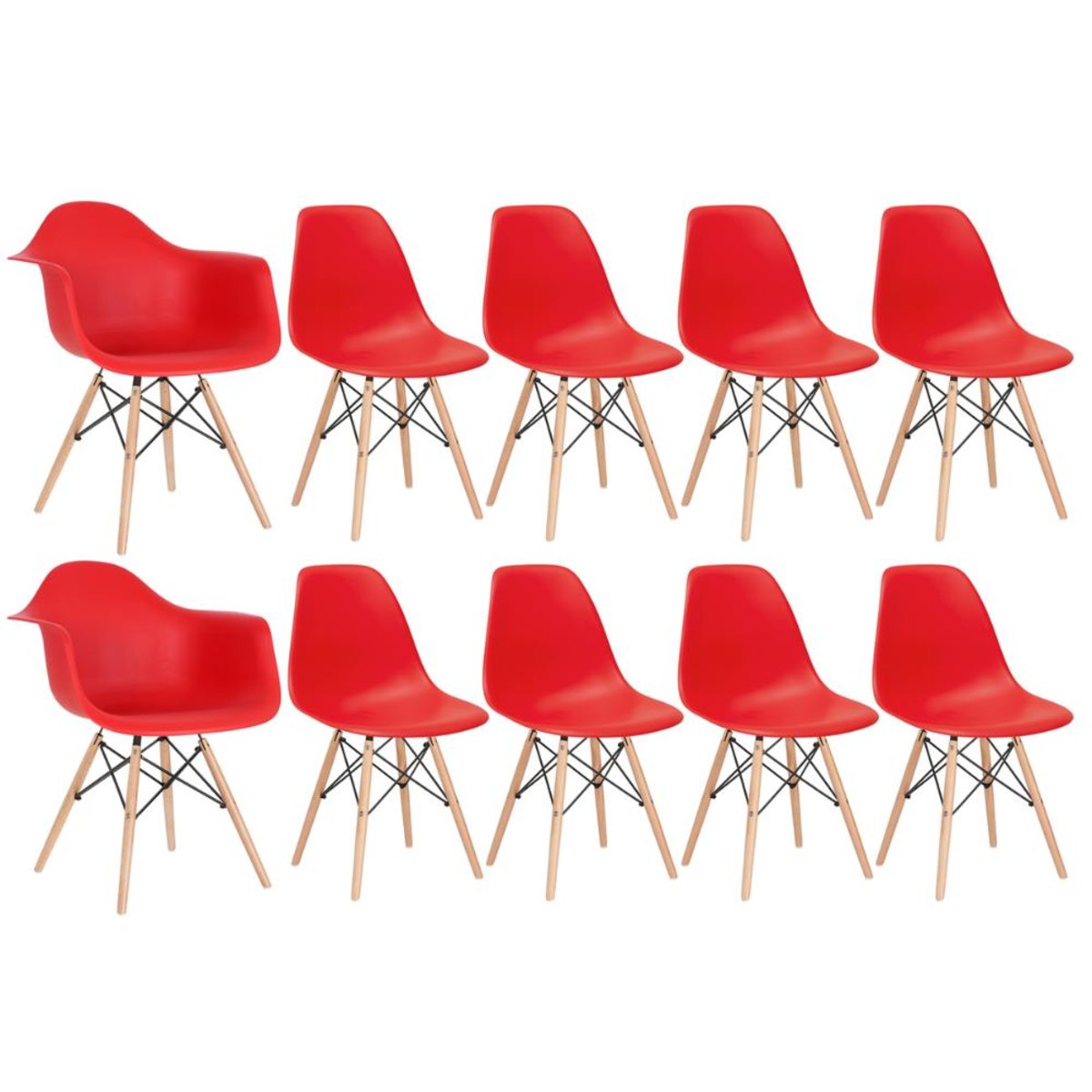 Conjunto 2 x cadeiras Eames DAW com braços + 8 cadeiras Eiffel DSW - Vermelho