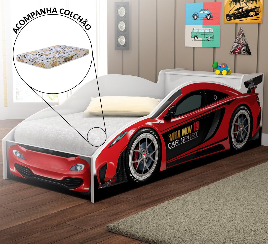 Cama Quarto Carro Infantil Baú C/ Colchao Grade De Proteção Vermelho