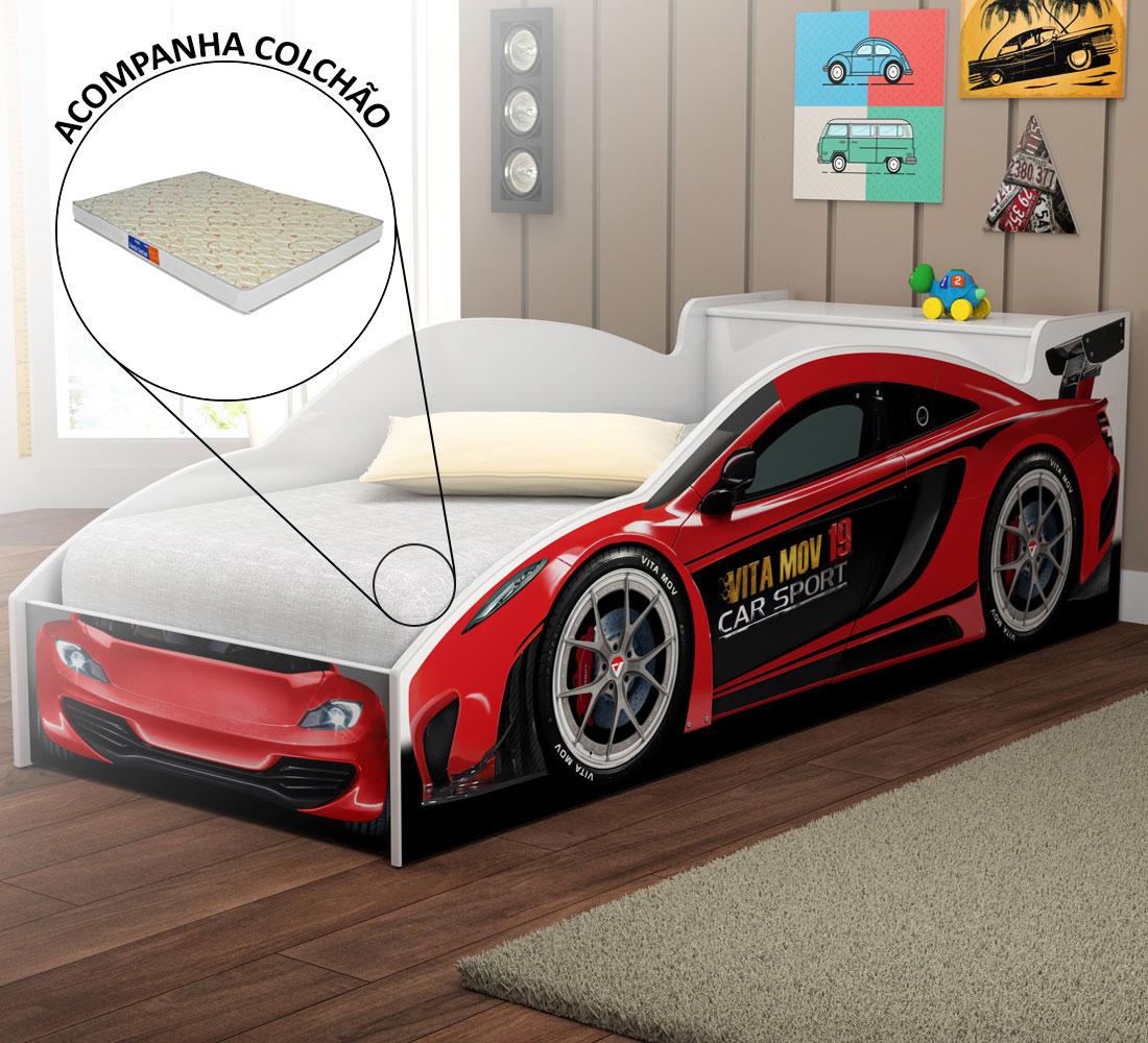 Cama Quarto Carro Solteiro Baú C/ Colchao Grade De Proteção Vermelho