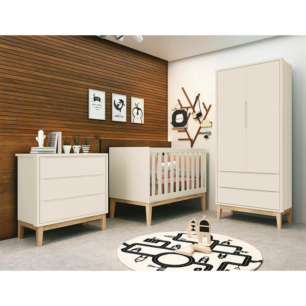 Kit Quarto Infantil Theo Square Areia – Cômoda 3 Gavetas + Guarda-roupa 2 Portas Com Pés Em Madeira Natural + Berço