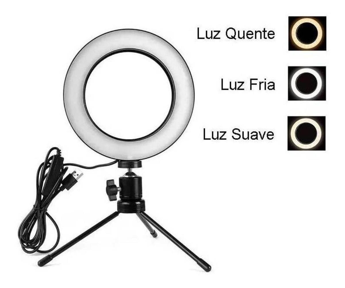 Ring Light Iluminador 6' 16 Cm Selfie Makeup Blogueira Tripé De Mesa Luz Led