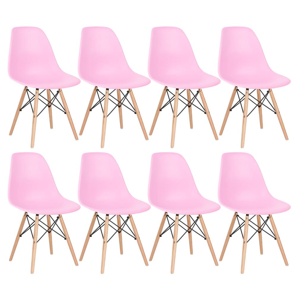 Kit - 8 X Cadeiras Charles Eames Eiffel Dsw - Base De Madeira Clara - Rosa Claro