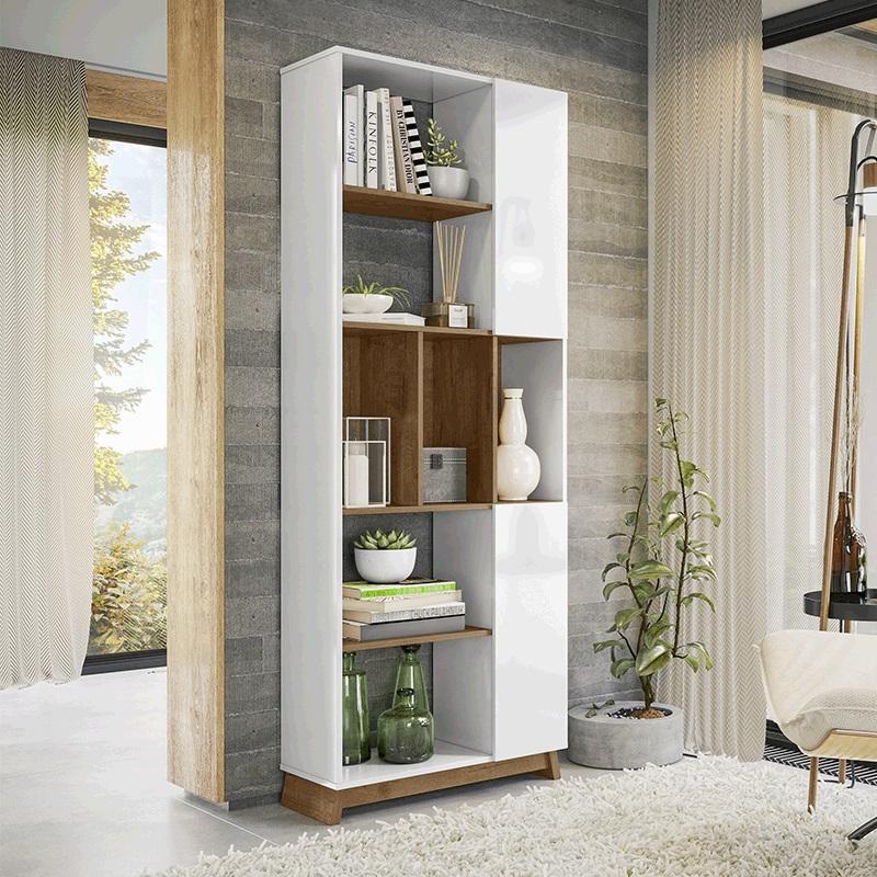 Estante Livreiro Drumond Com 7 Prateleiras E 2 Portas Branco Brilhante/madero Canela