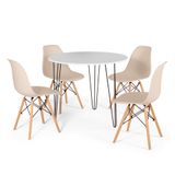 Conjunto Mesa De Jantar Redonda Hairpin 90cm Branca Com 3 Pés + 4 Cadeiras Eames Eiffel - Nude