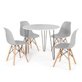 Conjunto Mesa De Jantar Redonda Hairpin 90cm Branca Com 3 Pés + 4 Cadeiras Eames Eiffel - Cinza