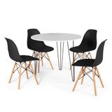 Conjunto Mesa De Jantar Redonda Hairpin 90cm Branca Com 3 Pés + 4 Cadeiras Eames Eiffel - Preto