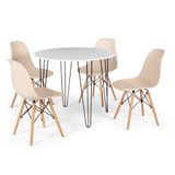 Conjunto Mesa De Jantar Redonda Hairpin 90cm Branca Com 4 Cadeiras Eames Eiffel - Nude