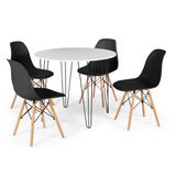 Conjunto Mesa De Jantar Redonda Hairpin 90cm Branca Com 4 Cadeiras Eames Eiffel - Preto