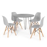 Conjunto Mesa De Jantar Redonda Hairpin 90cm Volpi Com 3 Pés + 4 Cadeiras Eames Eiffel - Cinza