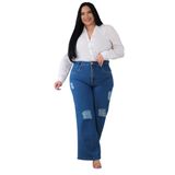 Calça Wide Leg Jeans Plus Size Destroyed Cintura Super Alta Tamanho:48, Cor:azul,gênero:feminino