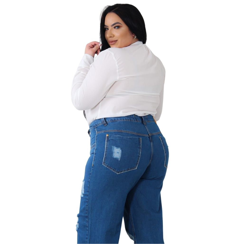 Calça Jeans Azul Ferro Moda Feminina Wide Leg Plus Size Destroyed