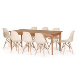 Conjunto Mesa De Jantar Retangular Em Madeira Maciça 186cm Com 8 Cadeiras Eames Eiffel - Nude