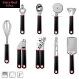 Kit 9 Peças Aço Inoxidável Multifuncional Abridor De Lata Cortador De Pizza, Ralador, Utensílios De Cozinha Preto-vermelho