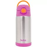 Garrafa Térmica Infantil Antivazamento Squeeze Em Inox Parede Dupla 400ml Com Canudo Buba Rosa