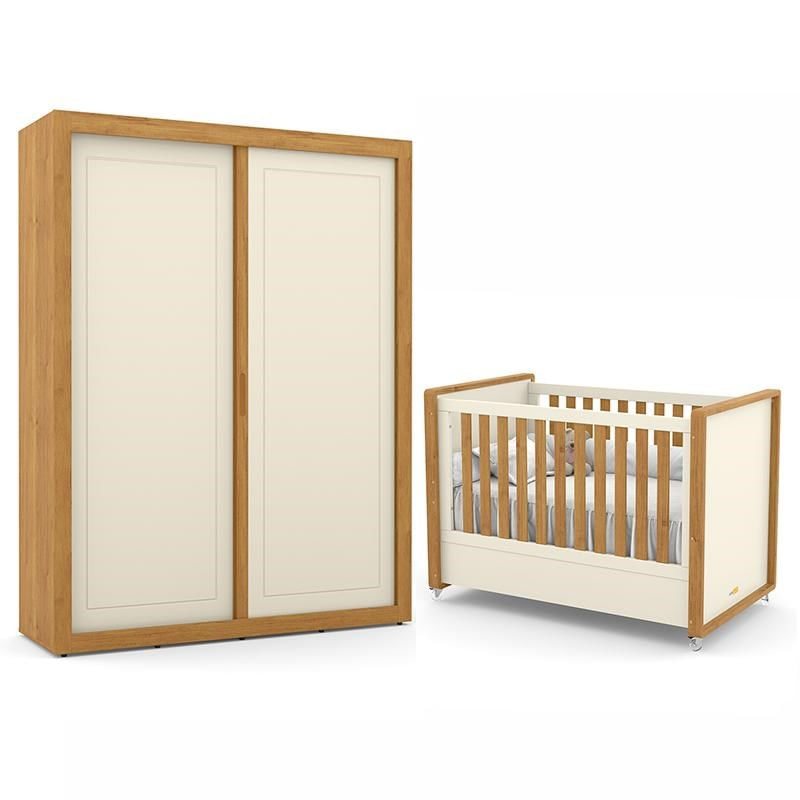 Jogo De Quarto Infantil Tutto New Com Guarda Roupa 2 Portas E Berço Off White/freijó - Matic Móveis