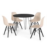 Conjunto Mesa De Jantar Redonda Hairpin 90cm Preta Com 3 Pés + 4 Cadeiras Eames Eiffel Base Preta - Nude