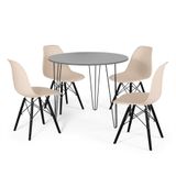 Conjunto Mesa De Jantar Redonda Hairpin 90cm Volpi Com 3 Pés + 4 Cadeiras Eames Eiffel Base Preta - Nude