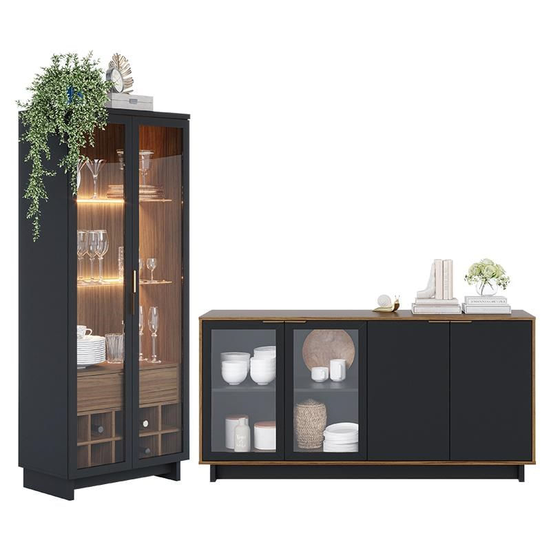 Sala De Jantar Com Cristaleira Guanabara E Buffet Aparador Vitória Preto/noce Milano - Pr Móveis