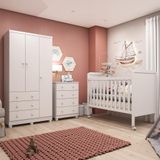 Quarto De Bebê Completo Com Berço Mini Cama Cloe Guarda Roupa E Cômoda Júnior100% Mdf Móveis Peroba Branco Brilho