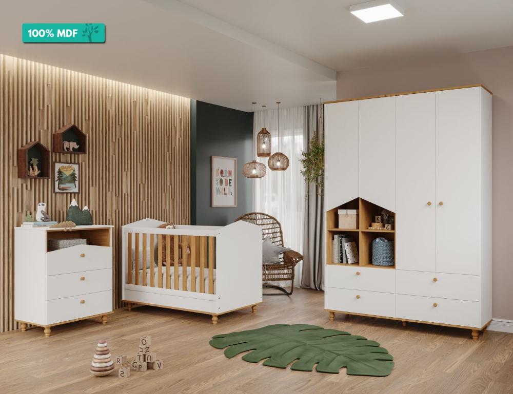 Quarto De Bebê Completo Com Cômoda E Guarda Roupa Casinha E Berço Minicama Mimo Permobili Branco/nature