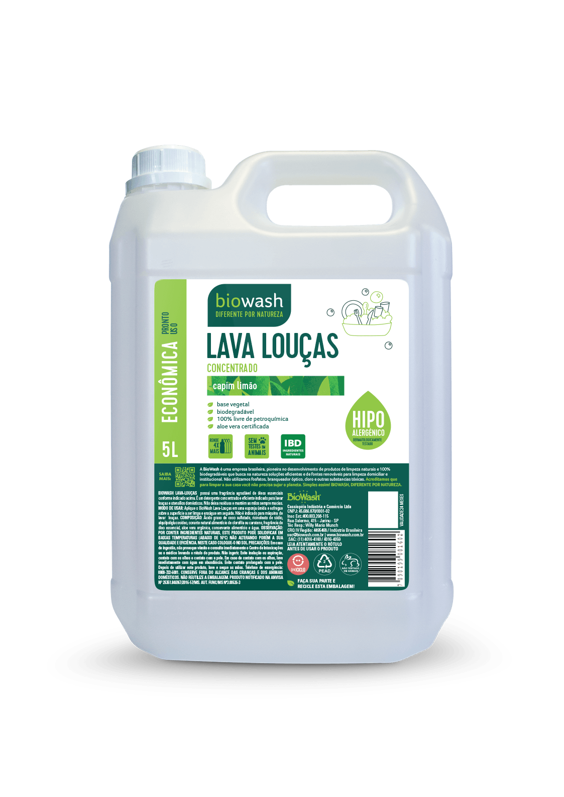 Detergente Lava Louças Capim Limão Biodegradável Biowash 5l