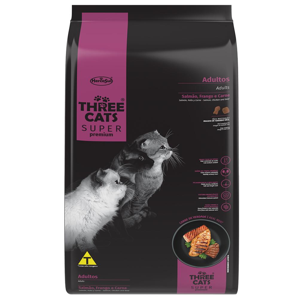 Ração Seca Three Cats Super Premium Salmão, Frango E Carne Para Gatos Adultos - 3 Kg