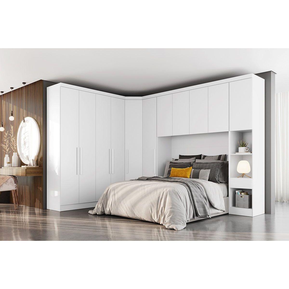 Quarto Casal Modulado Rizon 5 Pecas 1 Armario Ponte 1 Closet 2 Guarda Roupas 1 Complemento Qc202 Branco Novo Horizonte