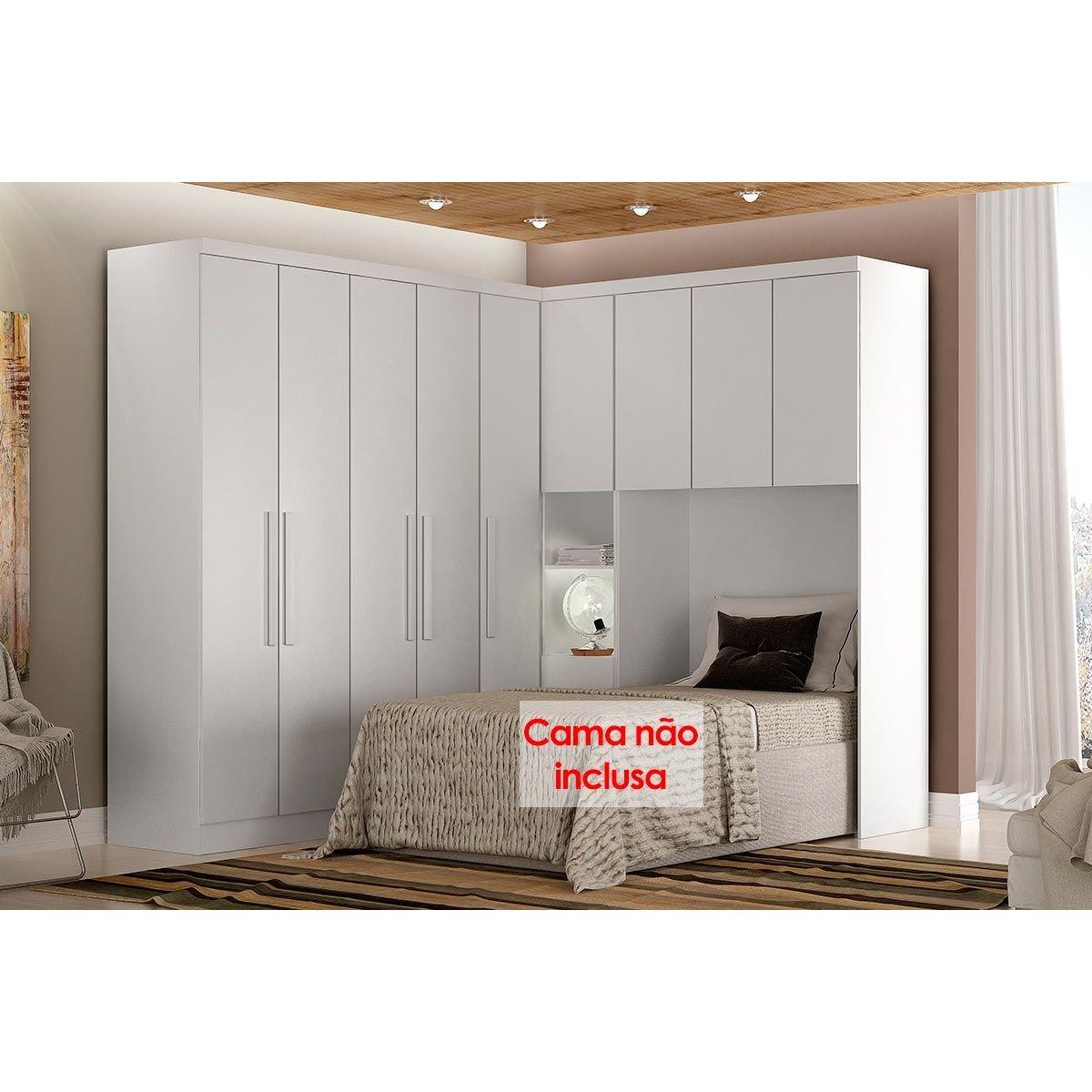 Quarto Casal Modulado Rizon 4 Pecas 1 Armario Ponte 2 Guarda Roupas 1 Complemento Qc214 Branco Novo Horizonte