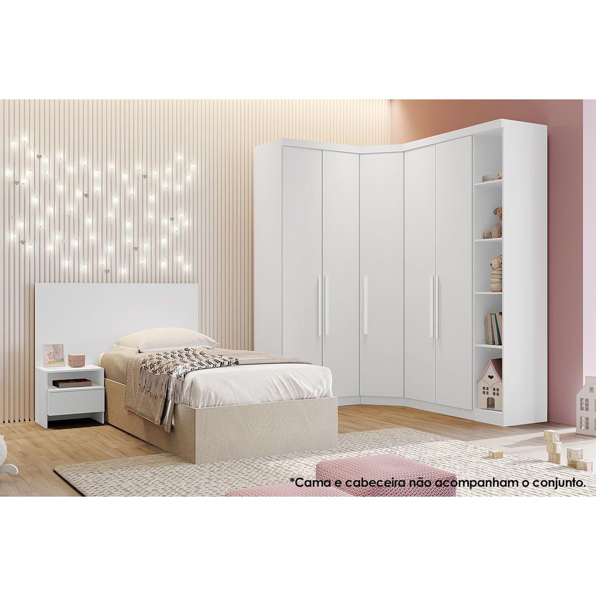 Quarto Modulado Solteiro Rizon 4 Pecas 1 Closet 2 Guarda Roupas 1 Complemento Qc209 Branco Novo Horizonte