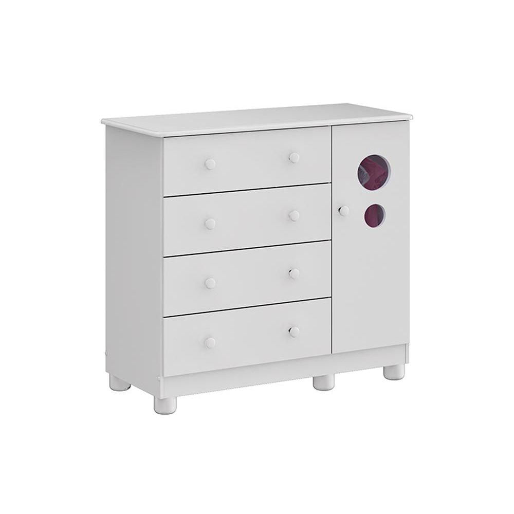 Comoda De Quarto Bolinha C 1 Porta Cristal E 4 Gavetas Branco Peroba