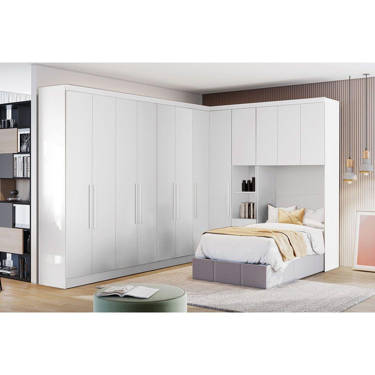 Quarto Modulado Solteiro Rizon 5 Pecas 1 Armario Ponte 3 Guarda Roupas 1 Componente Qc206 Branco Novo Horizonte