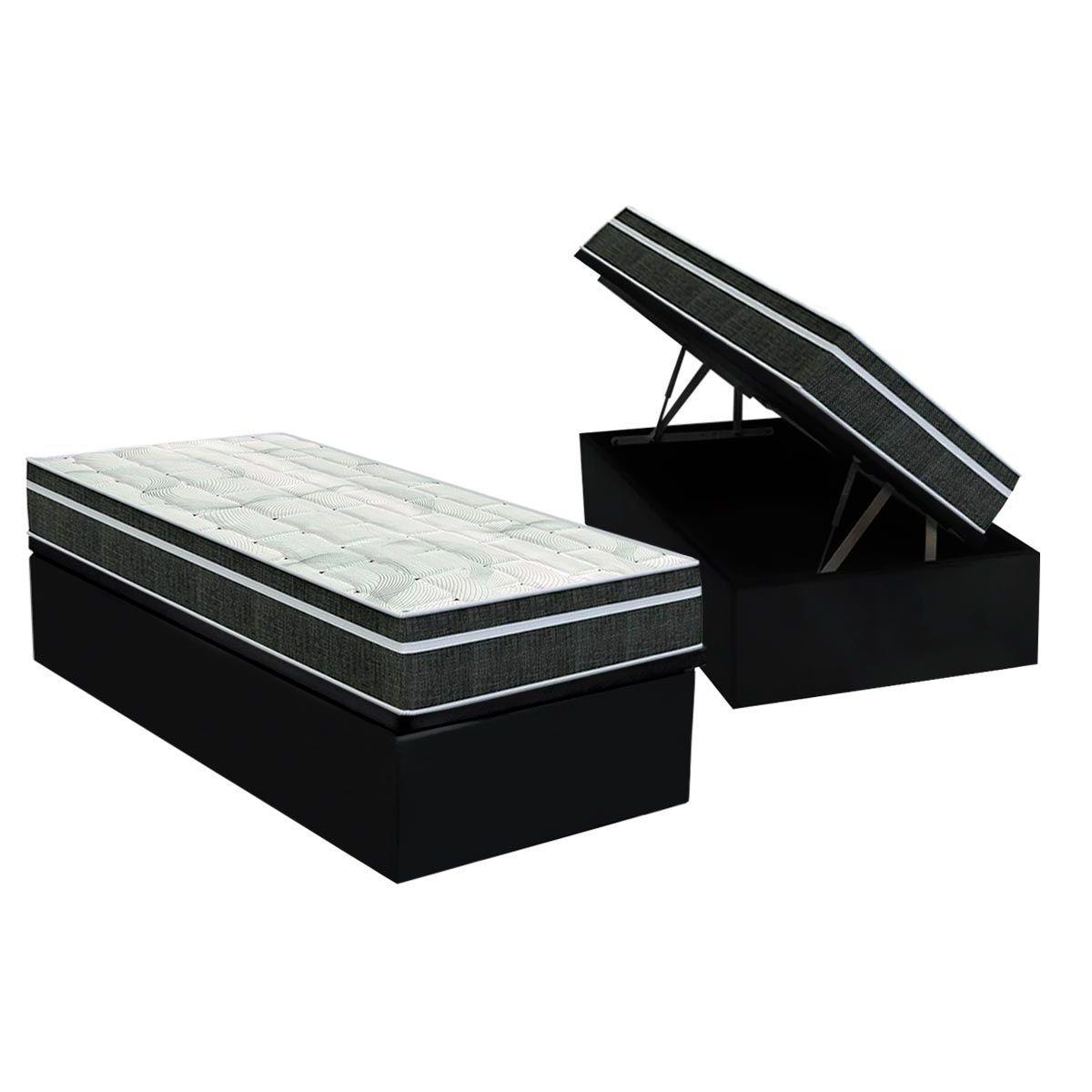 Cama Box Bau Solteiro Colchao Molas Orthoflex Bonnel Venezia Base Crc Courano Black 88x188