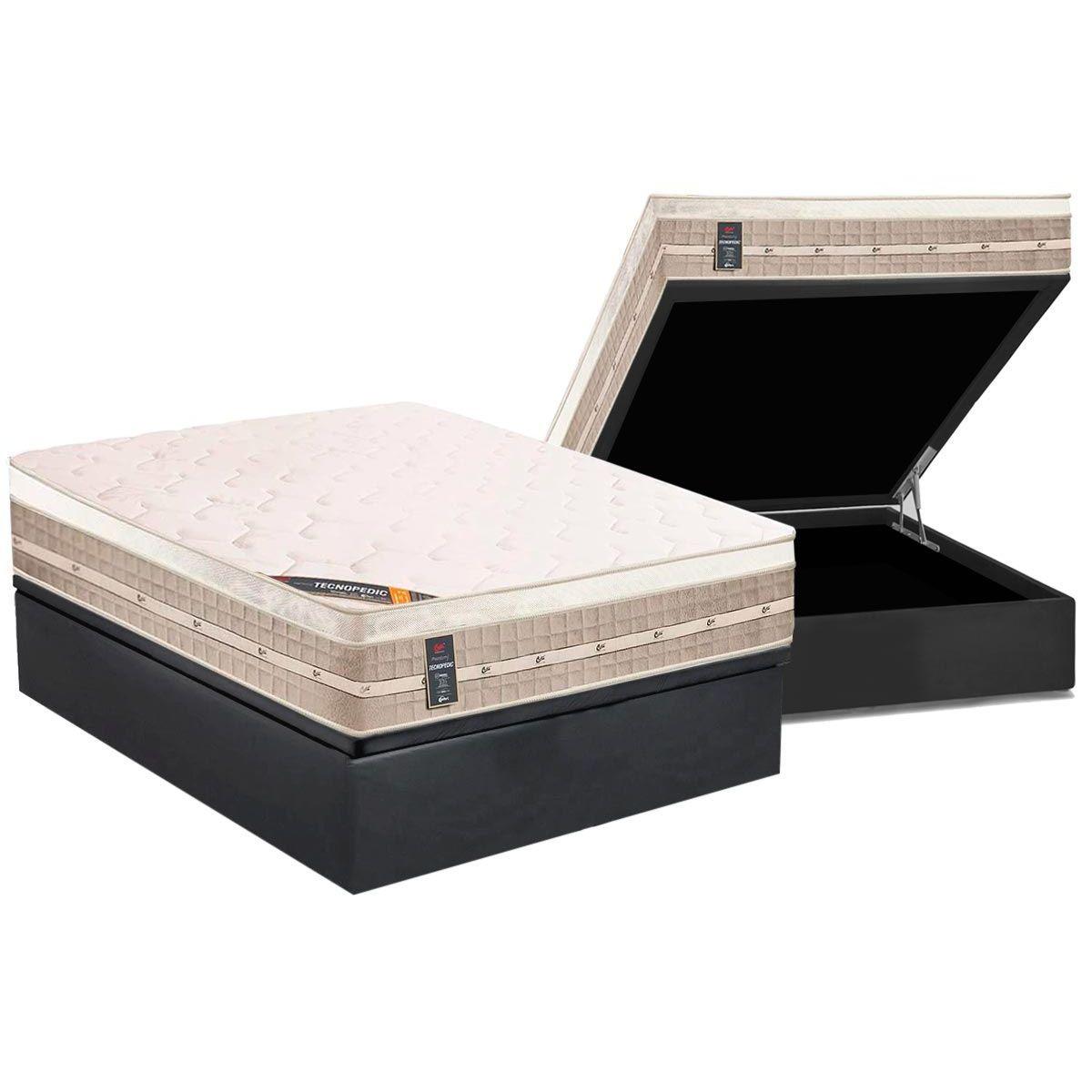 Cama Box Bau Casal Colchao Molas Castor Bonnel Premium Tecnopedic Base Crc Suede Gray 138x188