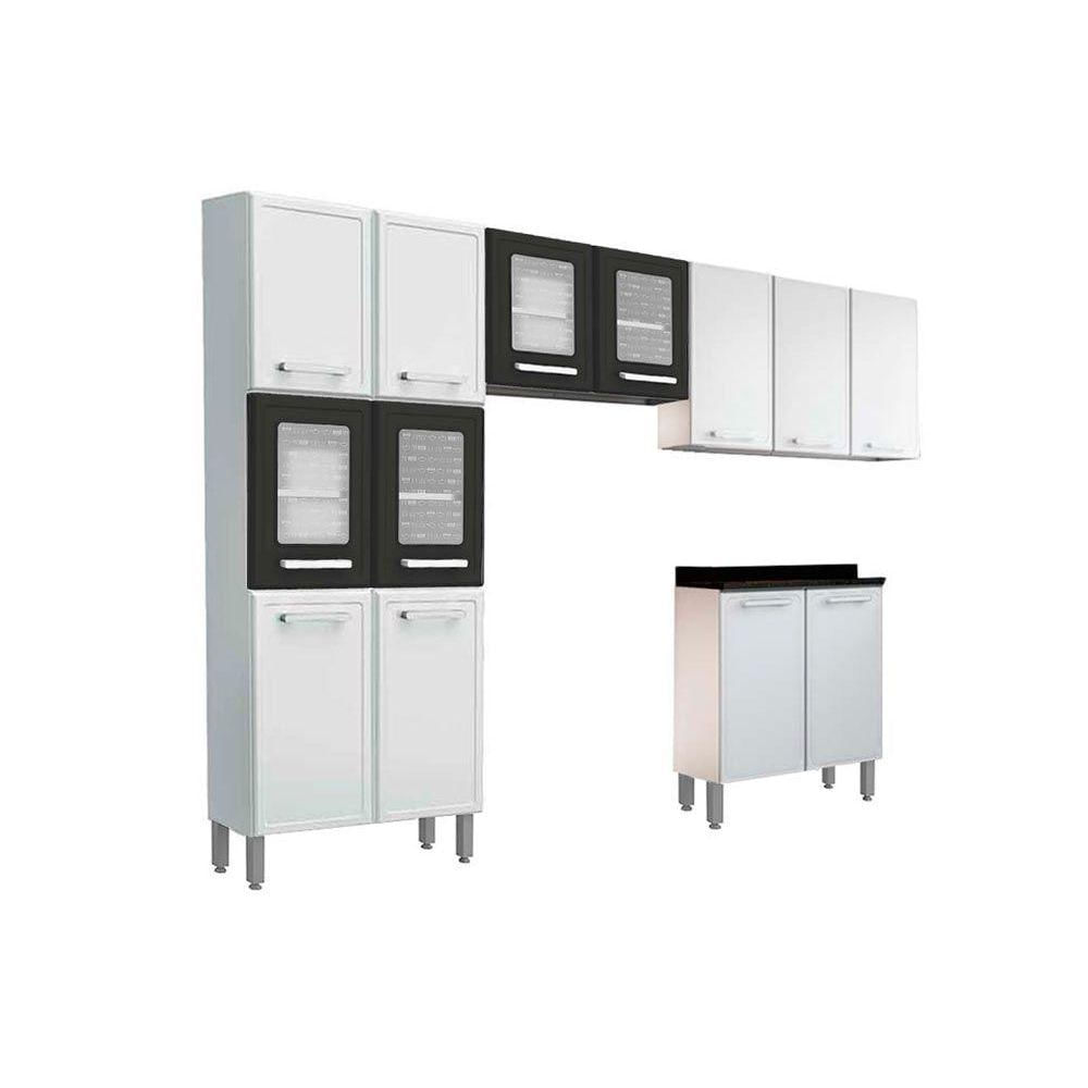 Cozinha Modulada Completa Gourmet 4 Pecas 2 Armarios 1 Balcao 1 Paneleiro C4p66 Branco Preto Bertolini