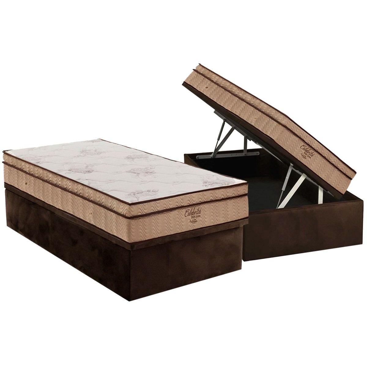 Cama Box Bau Solteiro Colchao Molas Ortobom Superpocket Celebrita Base Crc Suede Brown 88x188