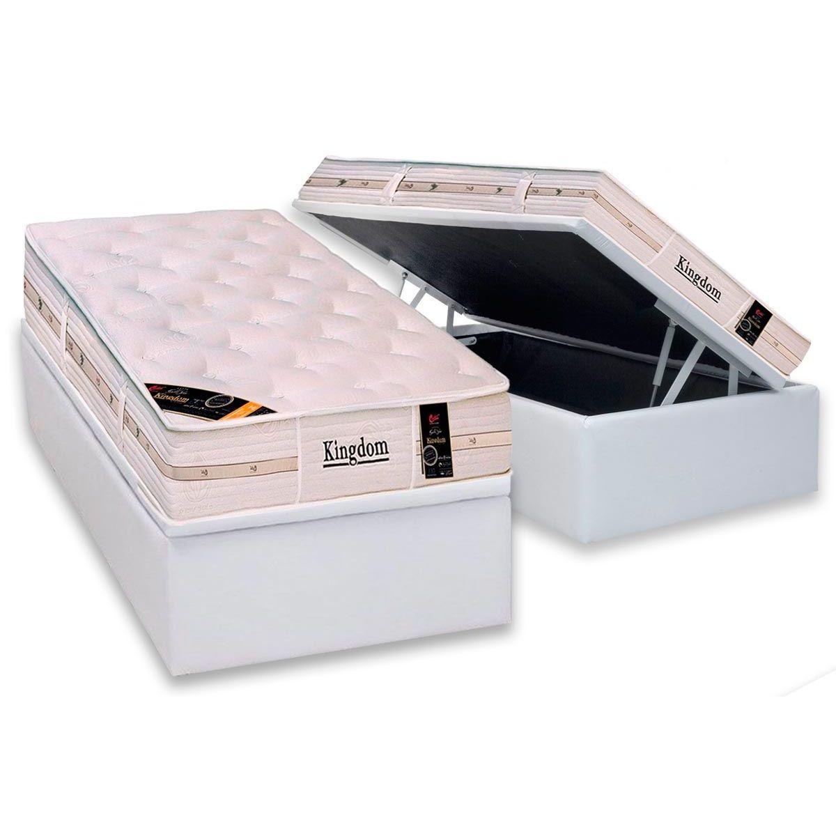 Cama Box Bau Solteiro Colchao Molas Castor Pocket Kingdom Aloe Vera Base Crc Courano White 88x188