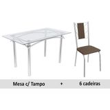 Conjunto Mesa De Cozinha Elba C Tampo De Vidro 140cm 6 Cadeiras Lisboa Cromado Marrom Kappesberg