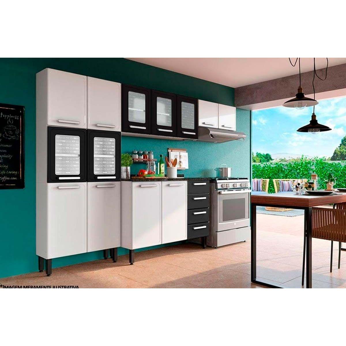 Cozinha Modulada Bertolini Gourmet 4 Pecas 2 Armarios 1 Balcao 1 Paneleiro C4p62 Branco Preto