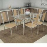 Conjunto Mesa De Cozinha Elba C Tampo Vidro 140cm 6 Cadeiras Lisboa Cromada Nude Kappesberg