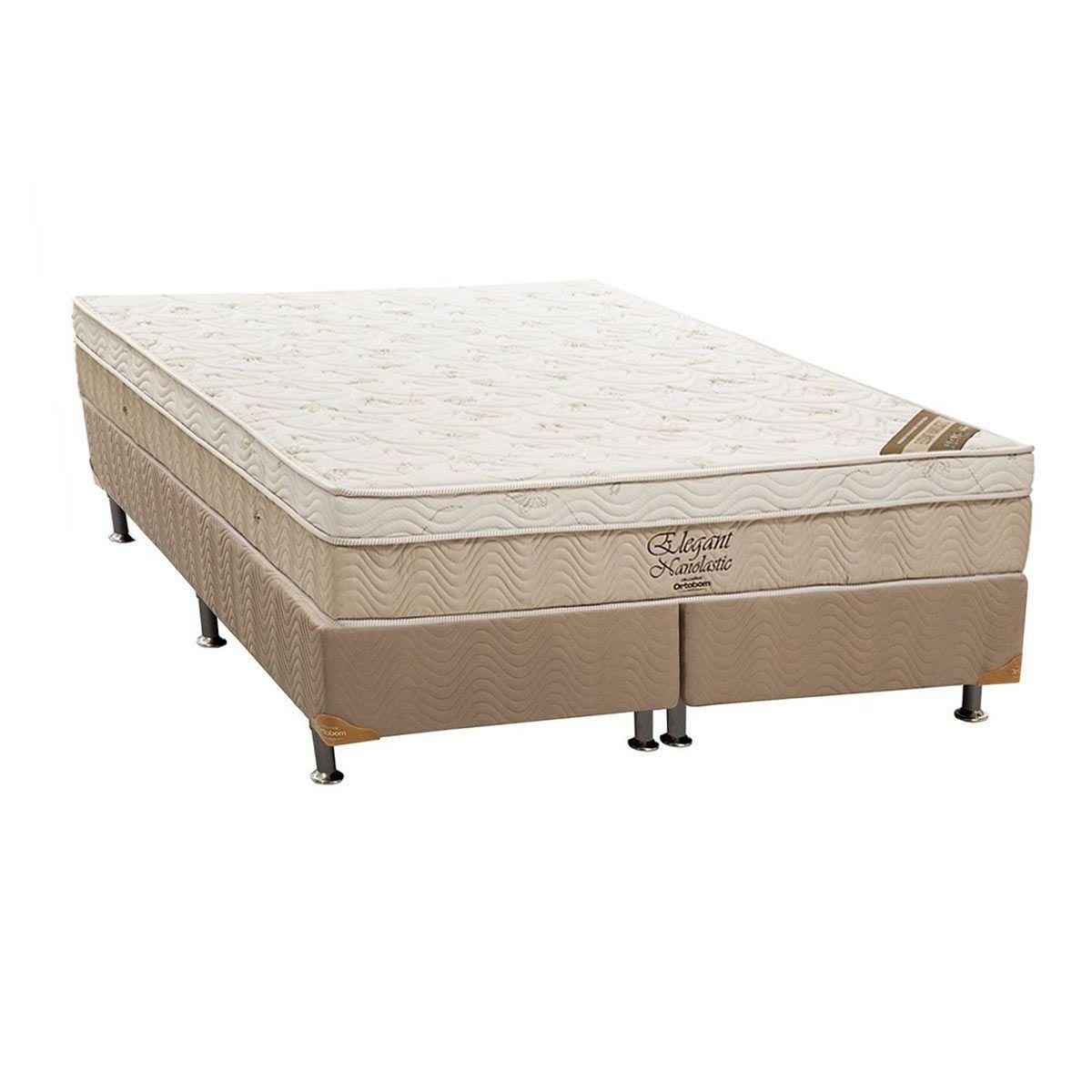 Cama Box Queen Colchao Molas Ortobom Nanolastic Elegant Base Crc Suede Bege 158x198